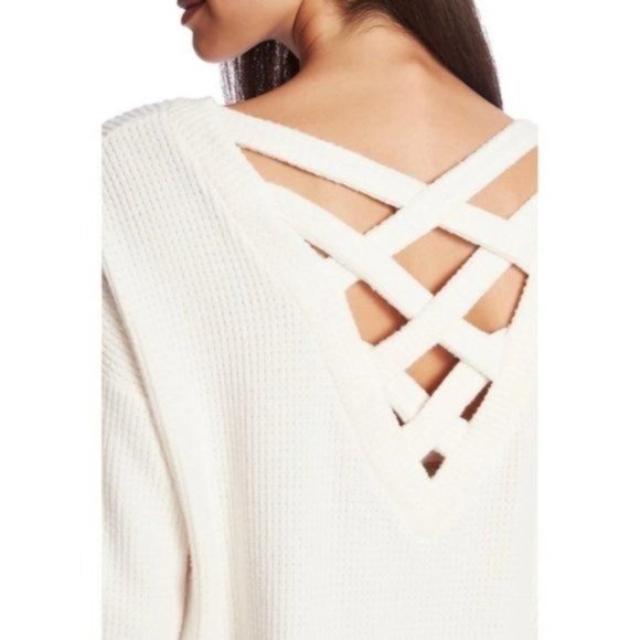 1. STATE Lattice V-Back Waffle Weave Sweater in Ecru NWT - Picture 4 of 4